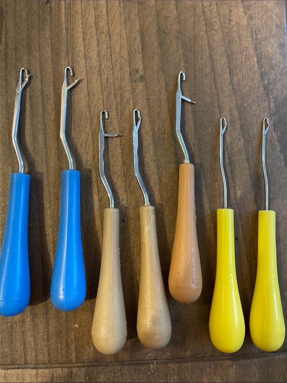 Latch Crochet/Weaving Hook Set in Blue, Natural Wood & Yellow - Fiber Arts Tools